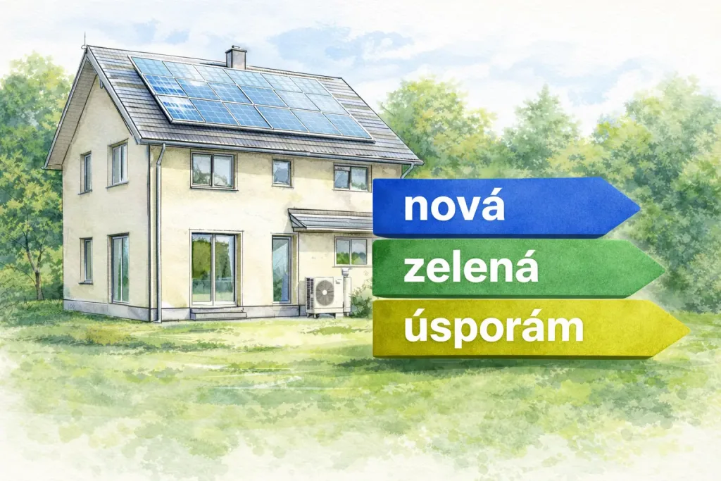 Logo programu Nová zelená úsporám před modernizovaným rodinným domem