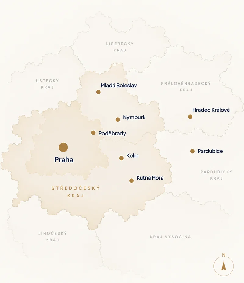 Mapa působnosti v Praze, Středočeském kraji, Pardubicích a Hradci Králové
